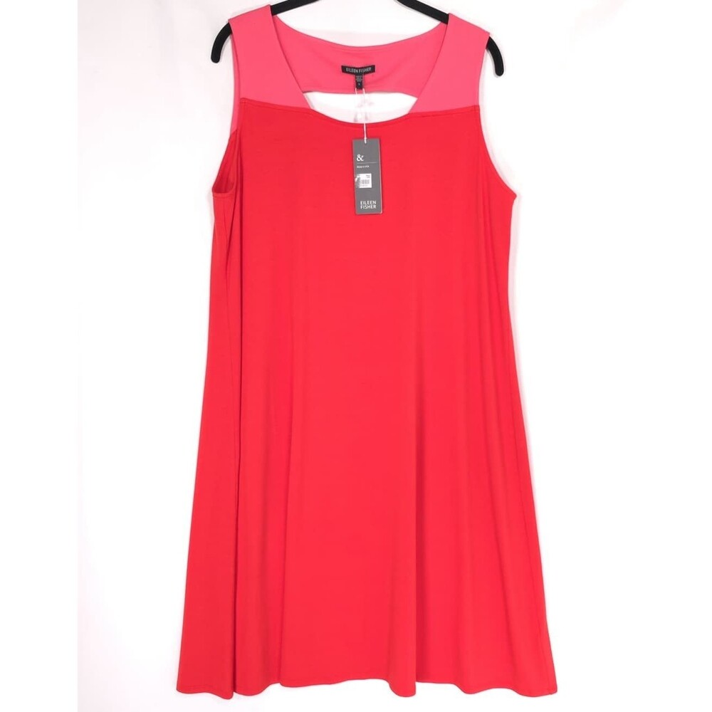 EILEEN FISHER New Dress LARGE Red Sleeveless A-Line Stretch Knee Length USA Made